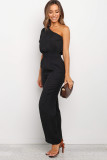Black One Shoulder Puff Sleeve Elastic High Waist Jumpsuit
