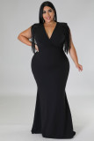 Black Plus Size Surplice V Neck Fringe Formal Maxi Dress
