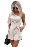 White One Shoulder Puff Sleeve Front Tie Romper