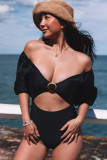 Black Puff Sleeve Cutout V Neck One Piece Swimsuit