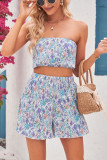 Ruched Floral Tube Top and High Waist Shorts Two Pieces Set