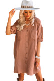 Brown Crinkle Textured Joint Bubble Sleeve Shirt Dress