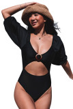 Black Puff Sleeve Cutout V Neck One Piece Swimsuit