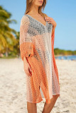 Orange Colorblock Hollow Out Batwing Sleeve Cover Up Beach Dress