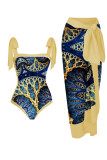 Printed V Neck One Piece Swimsuit With Side Tie Cover Up Skirt 2pcs Set