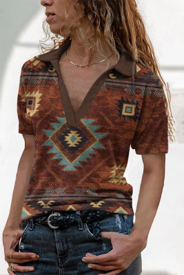 Brown Turn Down Collar V Neck Aztec Print Top