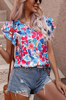Floral Print Tiered Ruffle Sleeves Blouse 