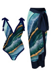 Printed V Neck One Piece Swimsuit With Side Tie Cover Up Skirt 2pcs Set