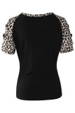 Black Leopard Color Block Cut Out Short Sleeve Top