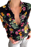 Black Retro Floral Print Button Up Long Sleeve Shirt