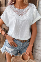 White Lace Swiss Dot Cuffed Sleeves Top