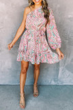 Pink Paisley Print One Shoulder Lace-up High Waist Mini Dress