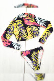 Printed Zipper Down Long Sleeves Bikini Set with Headband