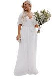 White Wrap V Neck Belted Plus Size Flowy Maxi Dress