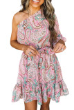 Pink Paisley Print One Shoulder Lace-up High Waist Mini Dress