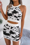 Cow Pattern Knit Halter Tank Top With Skirt Two Pieces Dress