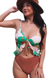 Multicolor Lace Up Back Floral Shining Patchwork One Piece Swimsuit
