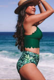 Green Scolloped Trim Leave Print Ruched High Waisted Bikini Set