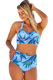 Sky Blue Tropical Leaf Print Self-tie Halter Bikini High Waist Swimsuit