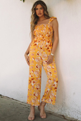 Yellow Floral Print Ruffle Shoulder Smocked Wide Leg Jumpsuit