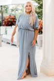 Sky Blue Plus Size Short Sleeves Rib Knit Maxi Dress with Slit