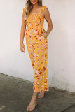 Yellow Floral Print Ruffle Shoulder Smocked Wide Leg Jumpsuit