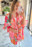 Pink Floral Print Ruffled 3/4 Sleeve Loose Fit Kimono