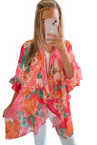 Pink Floral Print Ruffled 3/4 Sleeve Loose Fit Kimono