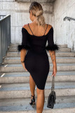Black Ribbed Off Shoulder Feather Cuff Bodycon Dress