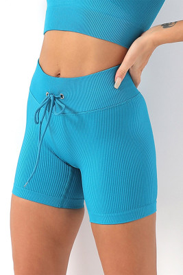 Sky Blue Solid Color Ribbed Drawstring Waist Yoga Shorts