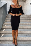 Black Ribbed Off Shoulder Feather Cuff Bodycon Dress