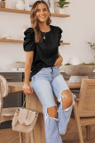 Black Ruched Puff Short Sleeve Satin Blouse