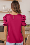 Red Ruched Puff Short Sleeve Satin Blouse