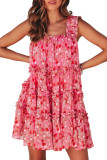 Red Tiered Ruffled Square Neck Sleeveless Floral Mini Dress