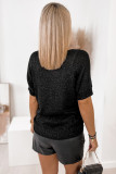 Black Plain Short Sleeve V Neck Knitted Top
