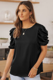 Black Ruched Puff Short Sleeve Satin Blouse