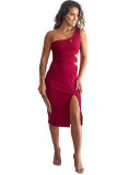 Red Asymmetric Cutout One Shoulder Bodycon Dress with Slit