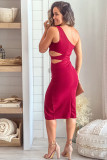 Red Asymmetric Cutout One Shoulder Bodycon Dress with Slit