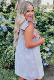 Sky Blue Floral Embroidered Striped Ruffled Sleeveless Mini Dress