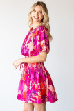 Rose Floral Smocked Waist Bubble Sleeve Flare Dress