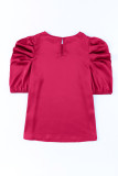 Red Ruched Puff Short Sleeve Satin Blouse