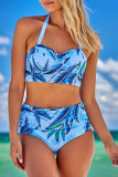 Sky Blue Tropical Leaf Print Self-tie Halter Bikini High Waist Swimsuit