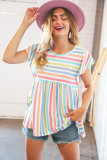 Multicolor Stripe Print Textured Knit Babydoll Blouse