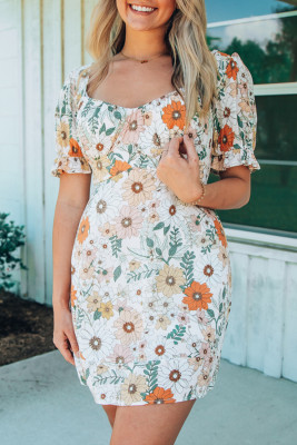 Puff Sleeves Hollow-out Back Floral Print Dress