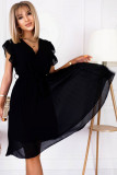 Black Frill Trim Sleeves Pleated Chiffon Dress
