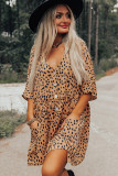 Leopard Button V Neck Tunic Dress