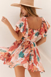 Multicolor Oil Painting Floral Print Smocked Ruffle Dress