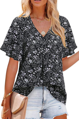V Neck Swiss Dot Flare Sleeves Top