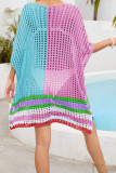 Color Block Striped Hem Hollow Out Knit Kimono