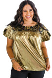 Gold Plus Size Floral Embroidered Short Sleeve Top